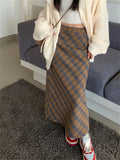 Ebbgo  Vintage Slim Long Skirts Women Split Plaid Chic 2024 Elegant OL Daily High Waist Spring Office Lady Fashion