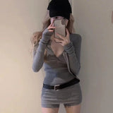 Ebbgo Fashion Sexy V-neck Slim Fit Long Sleeve Tops Women+ 2024 Spring New High Waist Shorts Y2k E-Girl Gray Knitted Two Piece Sets