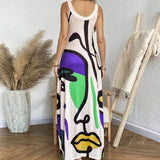 Ebbgo  -  Vintage Abstract Print Pocket A-Line Long Dress Women Sexy Cross Halter Hollow Party Dress Summer Sleeveless Hem Boho Maxi Dress