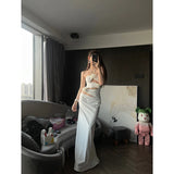 Ebbgo  2024 Summer White Dress Woman Sexy Stereo Flowers Design Halter Sleeveless Elegant Party Evening Long Dress Vestidos