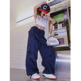 Ebbgo  Women Vintage Street Cargo Jeans Casual Wide Leg Pants Drawstring High Waist Self Cultivation Baggy Denim Trouser Ladies Summer