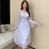 Ebbgo  V-Neck Nightgown Women Long Sleeve Sleepwear Bathrobe Dressing Gown Lingerie Court Style Summer Mesh Nightdress Loungewear