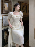 Ebbgo  - Summer Women Elegant Flower Wedding Party Dress Vintage Female France Ruffles Midi Dress Birthday Lady Princess Beach Dress