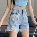 Ebbgo  -  Sweet Hot Girl Washed Denim Shorts for Women's Spring/summer High Waisted Loose Studded A-line Hot Pants Fashion Female Clothes