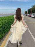 Ebbgo  -  Summer Chiffon Fairy Dress Women Solid Elegant Party Midi Dress Female Casual Korean Fashion Designer One Piece Dress New