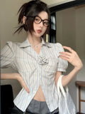 Ebbgo  Vintage Women Shirts Korean Flower Striped V Neck Flare Short Sleeve  Summer New Chic Ladies Blouse Sexy Elegant Tops Casual