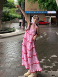 Ebbgo   Summer Women French Plaid Lace Ruffles Midi Dress Vintage Pink Sweet Korean Elagant Fairy Dress Casual Holiday Party Dress