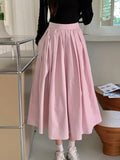 Ebbgo  -  Casual Pink Pleated A-line Skirts Summer Women's Sweet High Waist Solid Colour Big Hem Skirts New Fashion Loose Clothing