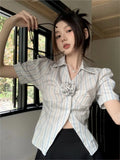 Ebbgo  Vintage Women Shirts Korean Flower Striped V Neck Flare Short Sleeve  Summer New Chic Ladies Blouse Sexy Elegant Tops Casual