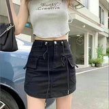 Ebbgo  Cargo Mini Denim Skirts Women Summer  Army Green Multi Pockets Streetwear Skirt Drawstring High Waist Mini Skirts Woman