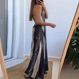 Ebbgo  -  Summer Beach Loose Sleeveless Robe Dresses Sexy Hollow Backless Printed Long Dress Vintage Women's Halter Bohemian Dress