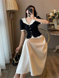 Ebbgo  -  Summer New Elegant Sets Vintage Short Sleeve Blouse+High Waist Midi Skirts 2 Pieces Suits Casual Korean Office Ladies Suits