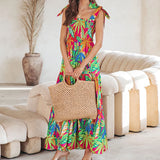 Ebbgo  -  Vintage Printed Bohemian Women Suspender Dress Sexy Slash Neck Pleat A-Line Maxi Dress Summer Lady Beach Holiday Chic Robe