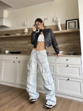 Ebbgo  Y2K Blue Cargo Jeans Women Vintage Streetwear Multiple Pockets Denim Pants Oversized High Street Hip Hop Baggy Trousers