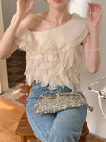 Ebbgo  S-M Apricot Blouses Ruffles Daily Summer Gentle Skew Collar Tank Tops Slim  New Elegant Office Lady Chic Solid