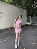 Ebbgo  -  Summer New Korean Age Reducing Hanging Neck Sleeveless Pink Plaid Irregular Bow Dress