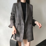 Ebbgo  New  Plaid Double Breasted Pockets Formal Jackets Checkered Winter Spring Women's Blazers Outerwear Tops