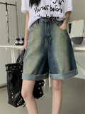 Ebbgo  Loose Women Half Pants OL Tie-Dying Jeanswear Office Lady 2023 Mujer Chic Summer Casual Straight Denim New Shorts