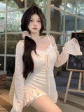 Ebbgo  -  Korean Fashion 2 Piece Dress Sets Summer Beach Sexy Party Women Lace Floral Irregular Strap Mini Dress + Casual Cardigan