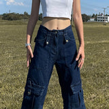 Ebbgo  American Vintage Blue Cargo Jeans Fashion High Waist Pocket Straight Pants High Street Y2K Baggy Wide Leg Denim Trouser Autumn