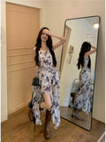 Ebbgo  2024 Butterfly Printed Dress Floral Irregular Split Dresses Early Spring Dresses Sexy Elegant Fairy Dresses For Women