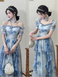 Ebbgo  Fashion Women Blue Floral Print Holiday Princess Evening Party Dress Vintage Elegant Ladies Puff Sleeve Ruffles Long Dress