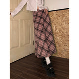 Ebbgo  Vintage Plaid Woolen Skirts Ladies 2024 Spring Autumn Fashion Korean A-Line Loose Casual Women High Waist Midi Pink Plaid Skirt