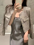 Ebbgo  Sequins Jackets for Women  Fall New Long Sleeve O Neck Single Breasted Coat French Elegant Office Lady Solid Jacket