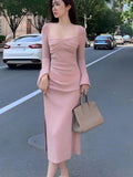 Ebbgo  Elegant Solid Knitted Dress Women Long Sleeve Square High Slit Design Autumn Winter Base Midi Dresses Korean Fashion Vestidos