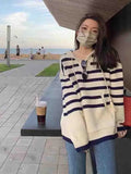 Ebbgo  -  Women Sweater Fashion Stripe Loose Hooded Knitting Sweaters Vintage Long Sleeve Female Pullover Tops