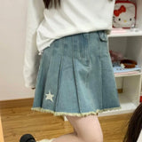 Ebbgo  American Style Star Denim Blue Skirt for Women 2024 Autumn New High Waist A-line Skirts Y2k Grunge Pleated Faldas Mujer