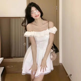 Ebbgo  Sweet Fashion Slash Neck Dress Lace Splice Collarbone Solid French College Summer Seaside Vacation Travel Gentle Chic Outfit New