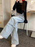 Ebbgo  Vintage Y2k Bow Washed Baggy Jeans Streetwear Women Korean Fashion Loose High Waisted Straight Wide Leg Denim Pants