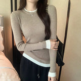 Ebbgo  -  Korean Fashion Fake Two Pieces T-Shirts Women Chic Design Knit Tops Long Sleeve Contrasting Colors Slim Top Tees