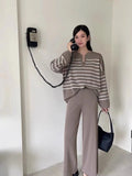 Ebbgo  -  Korean O-neck Striped Lapel Long Sleeve Pullover Women Sweater+high Waist Wide Leg Pants Two Piece Set Autumn Winter Streetwear