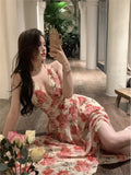 Ebbgo  Summer Sexy Beach Style Party Dress Women Korean Casual One Piece Sleeveless Floral Long Dress Lady V-neck Outwear