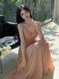 Ebbgo  -  Summer Fashion Pleated Beach Long Dresses New Elegant Spaghetti Strap Vacation Ruffles Holiday Sundress Female A line Robe