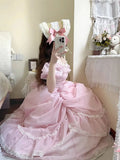 Ebbgo-  Gentle Pink Puff Sleeve Op Dress Floral Wedding Lolita Waist Slimming Bow Tail