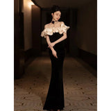 Ebbgo  -  Evening Dresses Black Fishtail Dress For Dinner Silk velvet Off Shoulder Party Dresses Gala H923