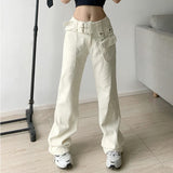 Ebbgo  Spring White Vintage High Waist Jeans Fashion Pocket Straight Wide Leg Pants Street Casual Baggy Mopping Denim Trouser Ladies