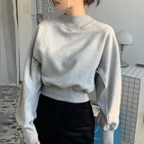 Ebbgo  Chic Batwing Sleeve Cropped Sweatshirts Women Solid Elegant Pullover Top Casual Autumn Round Neck Korean Fashion Hoodie