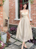 Ebbgo  2024 NewMori First Love A-line Dress Elegant Fairy Beige Halter Dress Summer French and Sweet and Spicy Long Skirt