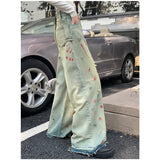 Ebbgo  Women Blue Ripped Jeans High Waist America Feeling Street Wide Leg Pants Y2K Vintage Ins Straight Baggy Plus Size Denim Trousers