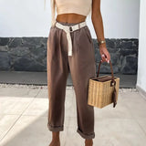 Ebbgo  -  Fashion Hight Street Solid Loose Straight Pant Women Elegant Elastic Waist Belt Lace-up Long Trousers Casual Pocket Summer Pants