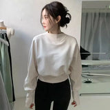 Ebbgo  Chic Batwing Sleeve Cropped Sweatshirts Women Solid Elegant Pullover Top Casual Autumn Round Neck Korean Fashion Hoodie