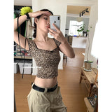 Ebbgo  Leopard Pattern Sexy Square Neck Short Sleeve T-shirt Women Tops 2024 Summer Spicy Girl Slim Fit  Chic Short Top Women Clothing