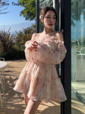 Ebbgo  Elegant Floral Sexy Dress Women Summer Print Party Mini Dresses Casual High Waist Holiday Long Sleeve Korean Fashion Dress