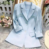 Ebbgo  -  4XL Women's Blazer Bead Rhinestone Femme Summer Sunscreen Jacket Blue Cardigan Lady Fashion  Thin Black One Button Suit Coat