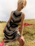 Ebbgo  -  Striped Knitted Tassels Long Dress For Women Sleeveless Contrasting O-neck Bodycon Holiday Dresses Female Spring Streetwear