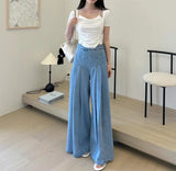 Ebbgo  Korean style High Waist Baggy Jeans Women Shirring Pleated Washed Blue Long Pants Women Spring Autumn Flared Wide Leg Jeans